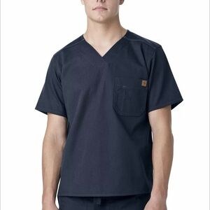 Carhartt Ripstop Utility Scrub Top Navy Blue Brown Carhartt Logo Adult Size 2X